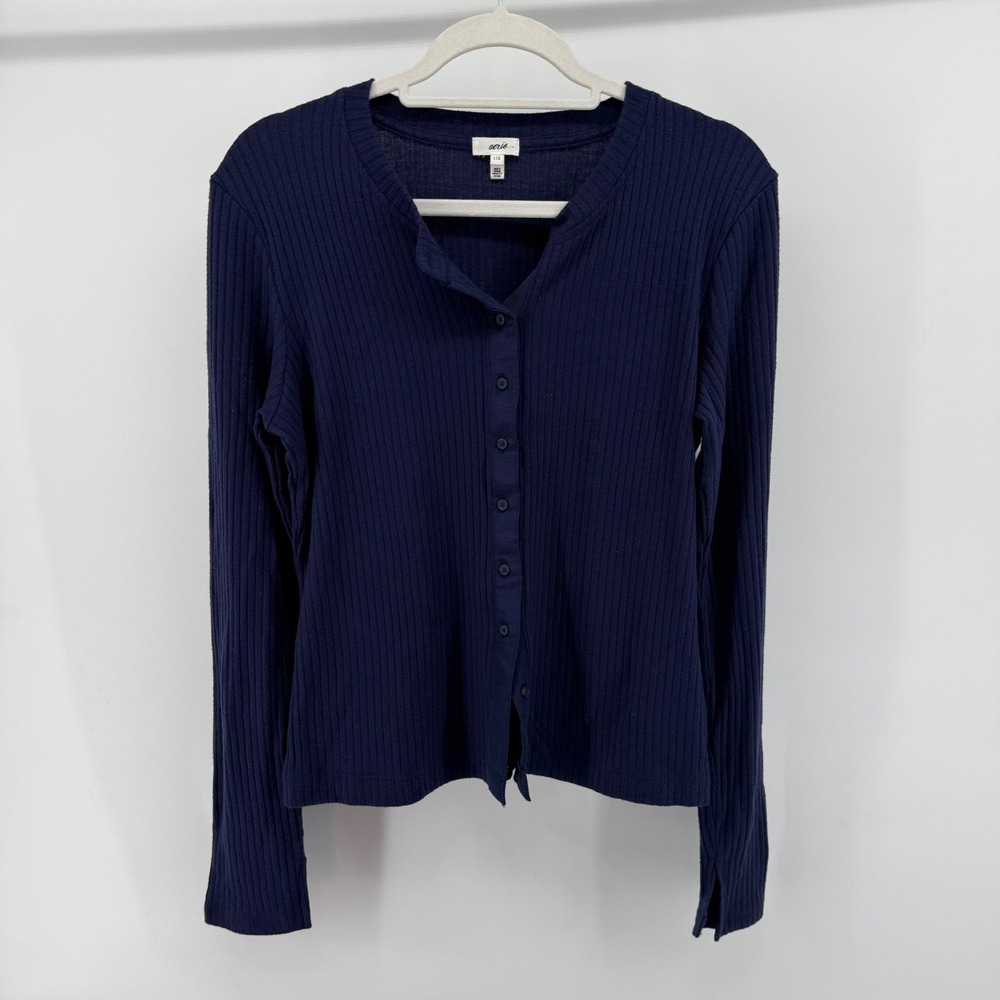 Aerie Navy Blue Ribbed Henley Button Up Long Sleeve Top‎ Womens Large 90s Y2K